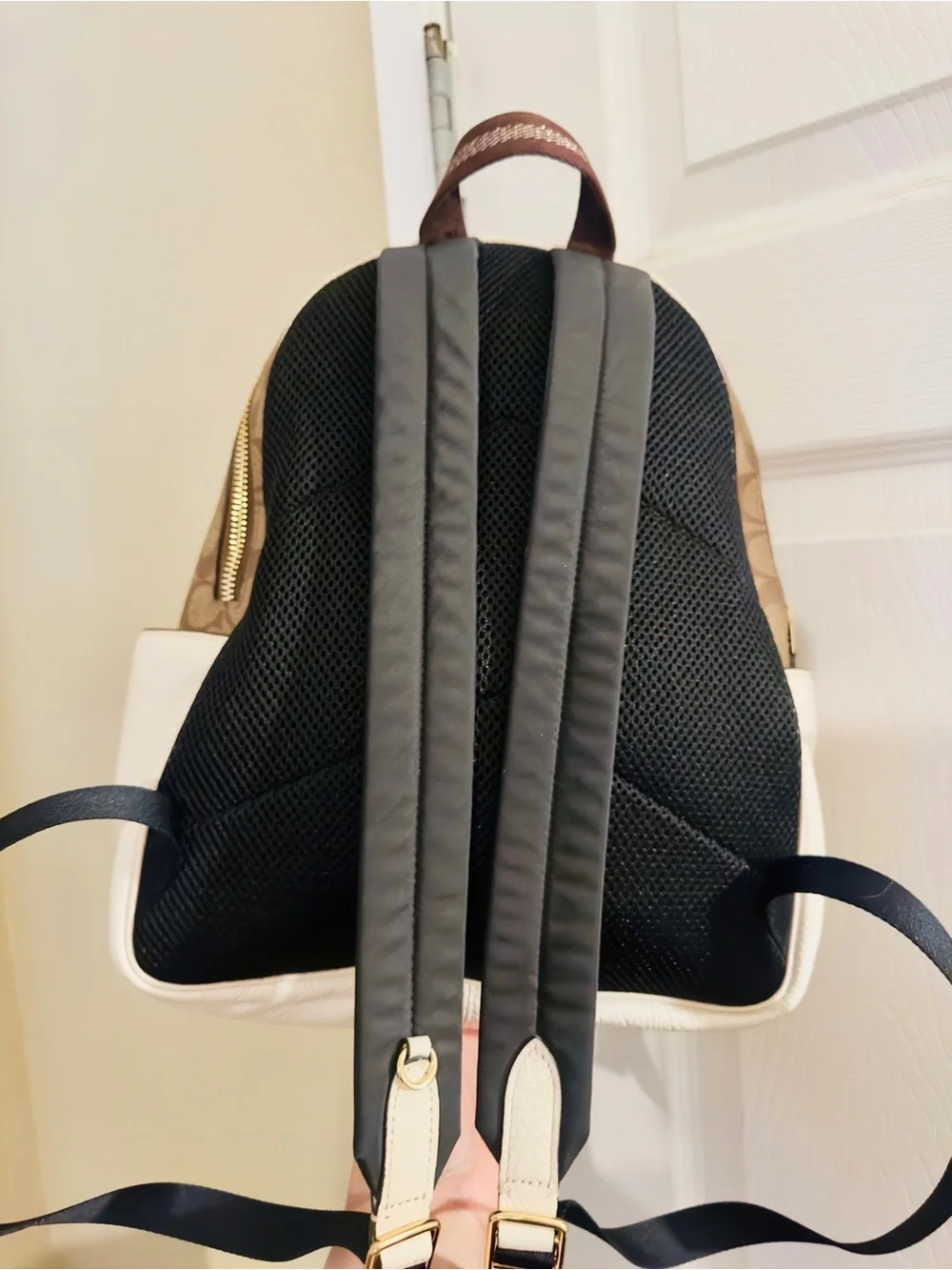 Coach Tan Signature Canvas Backpack with White Leather Front Pocket